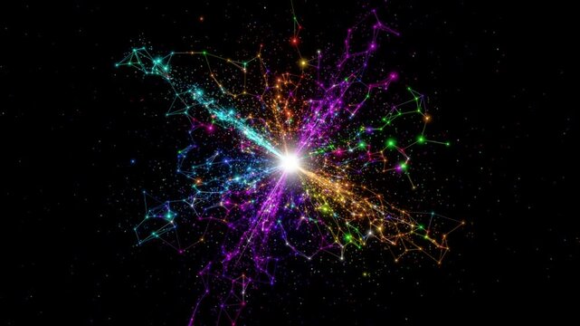 Particle explosion from a bright flare forming a multicolor plexus network on black, then collapsing