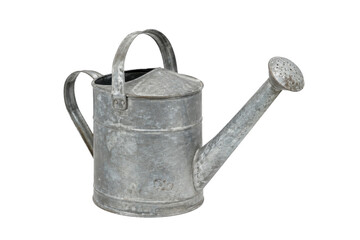Old weathered galvanized metal watering can with a long spout and handle is isolated on a white background © no one