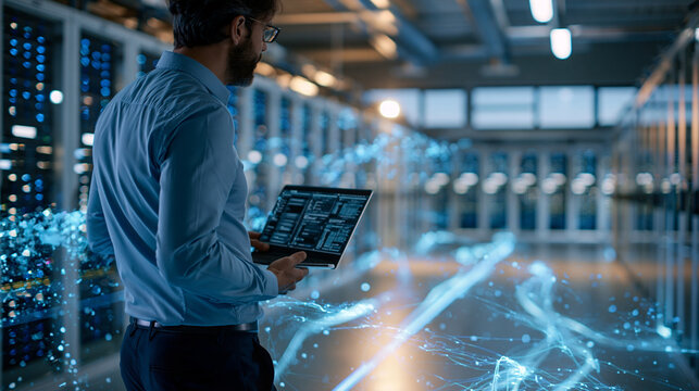 Rear three quarter view of a european data center chief technology officer holding a laptop and standing in a light warehouse pale blue information digitalization lines streaming along the