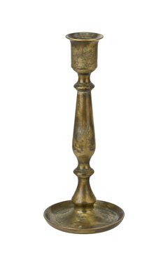 Antique brass candlestick with a weathered patina stands upright, showcasing its classic design on a clean white background
