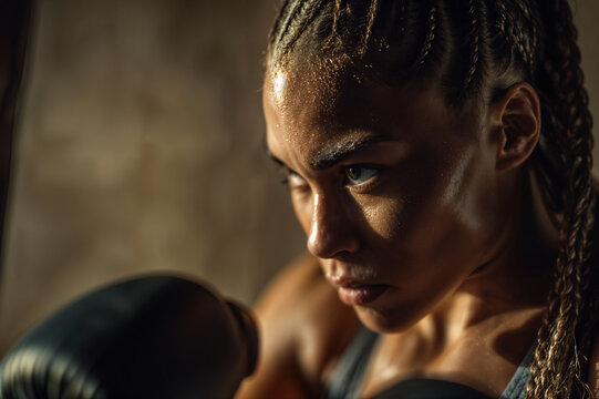 Dramatic close-up of a female boxer with braided hair and a sweaty face, staring intently past her raised boxing glove under warm, low-key lighting in a training setting.