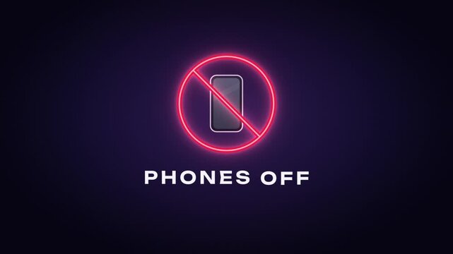 No phone sign, ringing smartphone is crossed out in red neon with Phones Off, switch to silent text