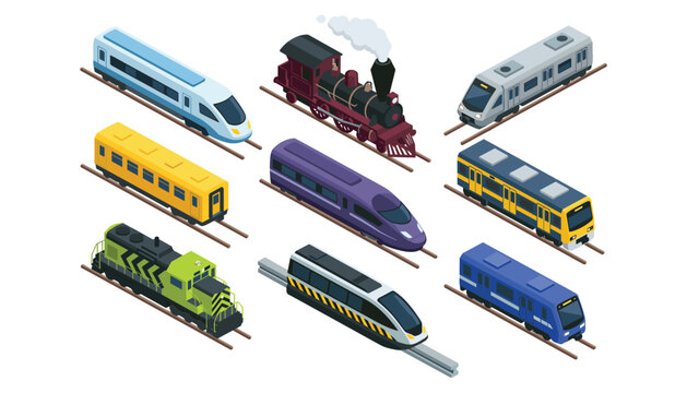 Isometric train railroad transport vector collection. Steam locomotive, bullet trains, subway metro cars, monorail and steel tracks.