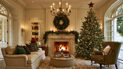 Naklejka premium Elegant living room featuring a warm fireplace, illuminated Christmas tree, wreath, and festive decorations for holiday season
