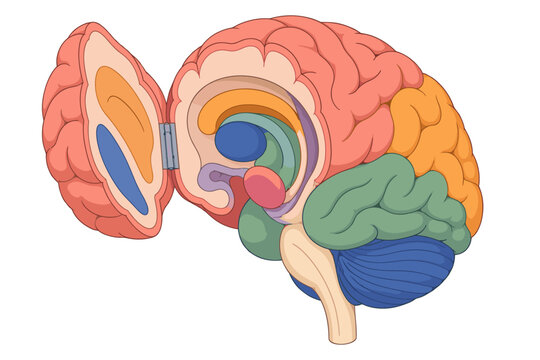 Colorful cartoon brain in side view with a hinged cutaway panel revealing layered internal anatomy folded pink contours and a blue cerebellum