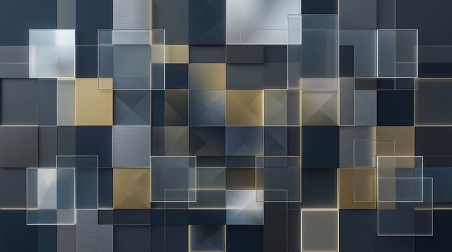 Abstract geometric background, with overlapping dark, grey and metallic, gold square 3, d blocks