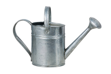 Shiny silver metal watering can with water droplets on its surface is isolated on a clean white background © no one
