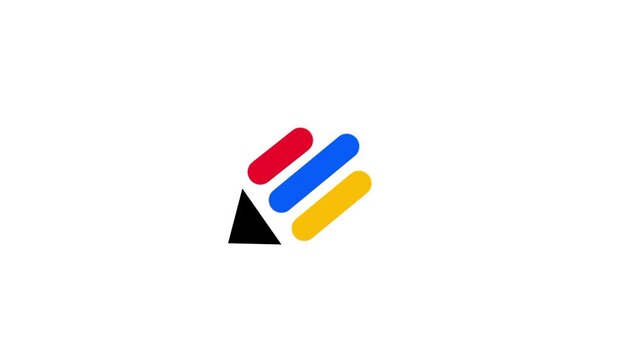 Flat vector icon of small red blue and yellow rounded dashes beside a black triangle on a white background for creative and playful brand designs