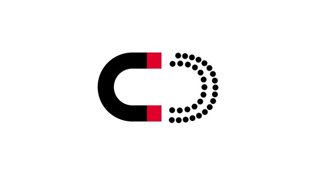 Vector icon of a black and red horseshoe magnet with a dotted outline on a white background for attraction marketing and customer retention concept