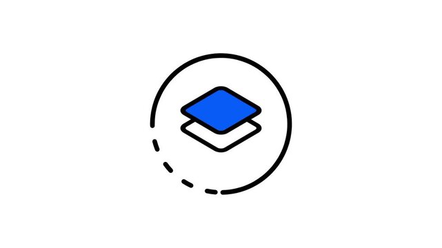 Minimal icon of a circle outline with a dashed top edge enclosing a stack of layers with a blue diamond on top, symbolizing design layers and stacking