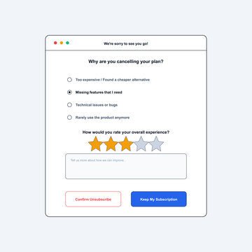 User unsubscribe experience vector illustration featuring cancellation exit survey form with star ratings and feedback