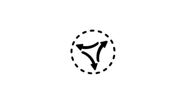 Small dashed black circle with three curved arrows rotating around it, depicting a refresh cycle, recurring process, sync and continuous loop concept