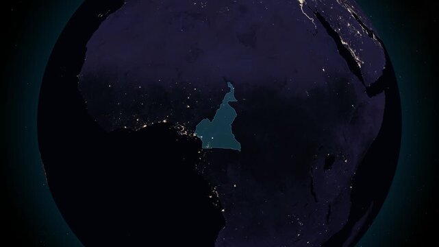 Cameroon night globe. City lights, zoom, spin, outline glow, pullback, ring reveal for Cameroon. Elements of the animation furnished by NASA.
