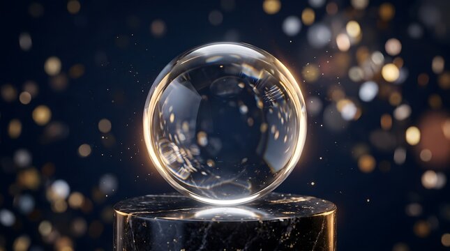 Mysterious glowing crystal sphere ball resting on a black marble pedestal with bokeh background