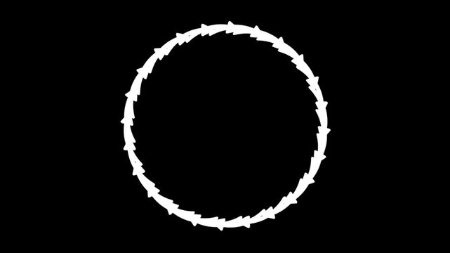 White spiral vortex ring made of curved dashes with arrowheads swirling around an empty center on a black background, representing rotation and motion