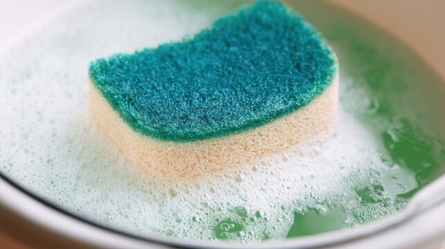 Soaking a sponge in soap and water in a bowl for cleaning purposes