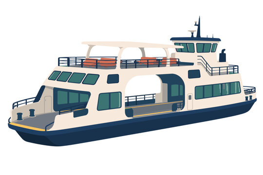 Passenger ferry with a dark navy hull and cream superstructure featuring teal windows and orange upper deck seats beneath a raised bridge with antennas