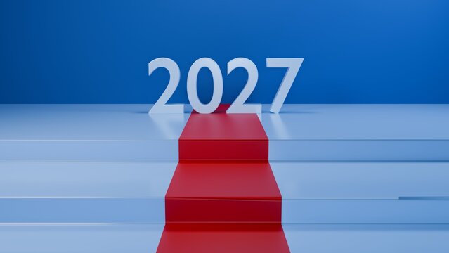 Red carpet on steps leading to 3D 2027 numbers against blue wall