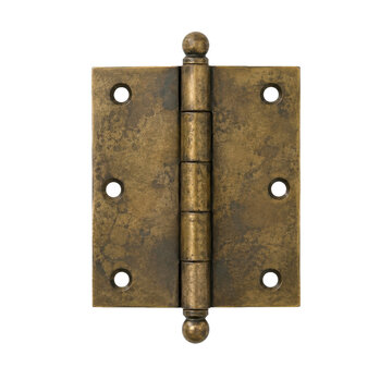 Old antique brass door hinge with a decorative finial, featuring a distressed texture and six screw holes, isolated on a clean white background