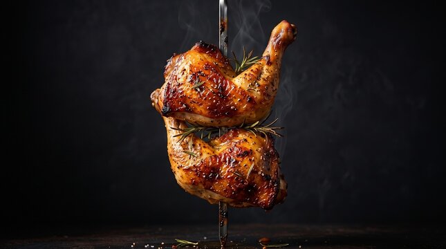 Juicy roasted chicken legs arranged vertically on a thin metal skewer, golden, crispy skin, fresh rosemary sprigs, faint steam
