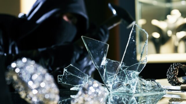 Thief attempts to break into a jewelry store at night with a hammer