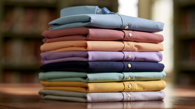 A neat stack of neatly folded colorful shirts sits on a table. Represents organized fashion, laundry services, and retail clothing collection concepts.
