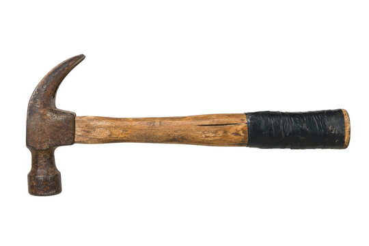 Old rusty claw hammer with a worn wooden handle and black electrical tape grip, isolated on a clean white background