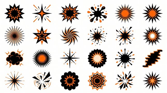Explosion vector icon set featuring black and orange burst comic elements art.