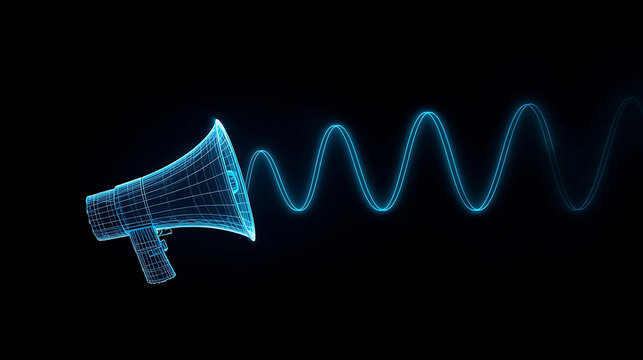A glowing blue wireframe digital megaphone illustration emitting a sound wave pattern for communication and marketing concepts