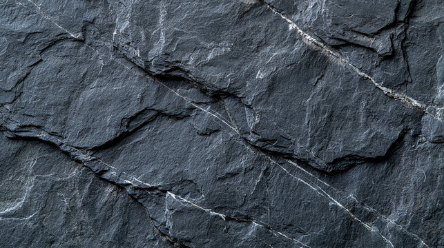 A close-up shot of dark grey natural slate stone with rough texture and white veins. Perfect for interior design background or architectural material concepts.