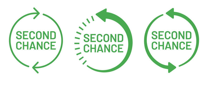 Second chance green arrow icons, set of 3 circular recycling symbols, sustainable vector graphics