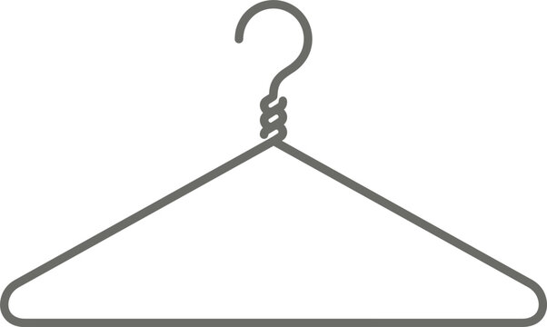 Wire clothes hanger icon outline silhouette, metallic wardrobe accessory element, classic laundry hook symbol for fashion store display,