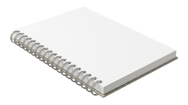 Sketchpad &mdash; Photorealistic sketchpad, clean spiral-bound drawing pad with thick blank white paper and sturdy backing, minimalist artist stationery; front three-quarter view, crisp paper and binding