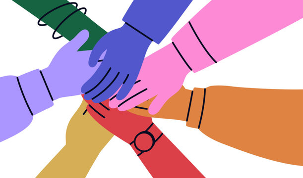 Team hands together for teamwork. People group, community. Hands together in stack. Support, unity, union and connection concept. Diverse team group in link and solidarity gesture. Vector illustration