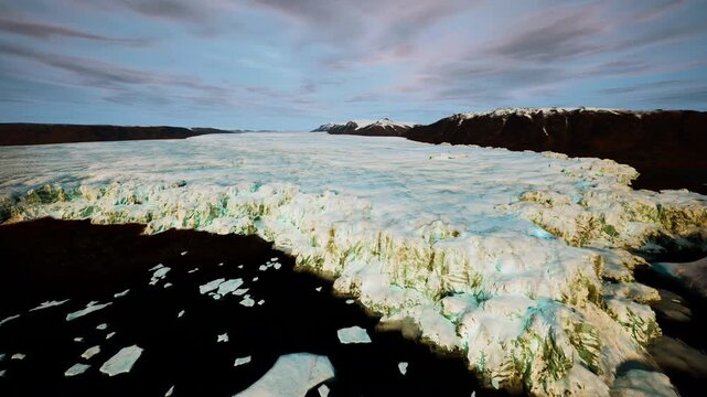 vast glacier melting into dark ocean, accelerated runoff feeding cold currents, climate context and crisis tone, environmental urgency visible in fractured ice