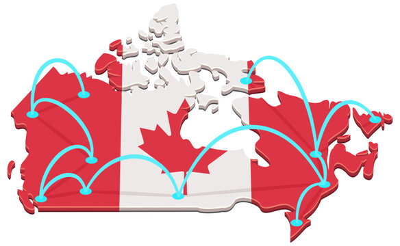 3D illustration symbolizing Canadian domestic transport, flight connections, supply chain logistics, and telecom internet network lines on the national map of Canada (cut out)