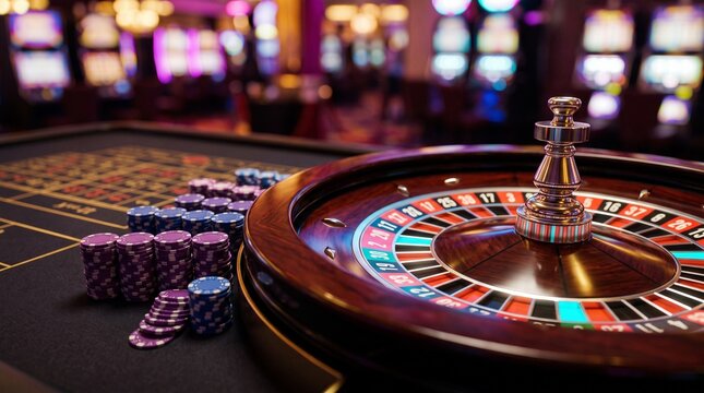 Roulette Wheel and Stacks of Chips on Casino Table