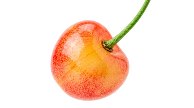 Single ripe Rainier cherry with creamy yellow skin, warm red blush, glossy juicy surface, and slender fresh green stem, premium summer fruit appearance. Photorealistic macro food photography, close-up