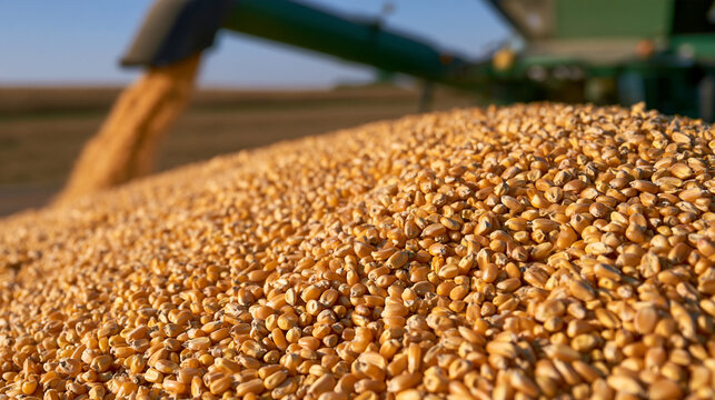 A combine harvester pours fresh yellow corn kernels into a truck trailer at harvest. This image represents industrial food production and agricultural business concepts.