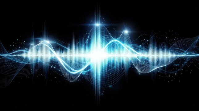 Glowing blue sound wave visualization with digital light particles