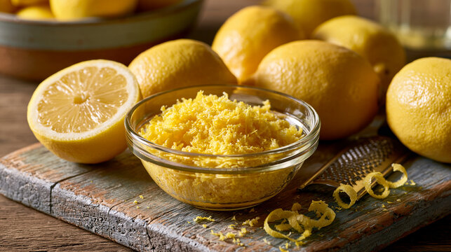 Fresh lemon zest in a glass bowl on a rustic wooden board with whole citrus fruits. Perfect culinary ingredient for baking and gourmet recipes.
