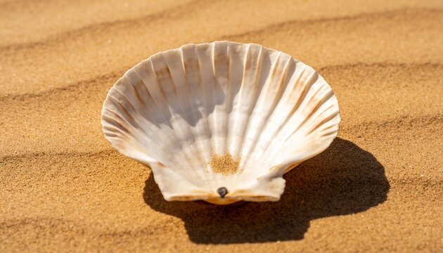 Resting pale scallop shell lying on golden sand at beach, casting elongated shadow with dark pebble