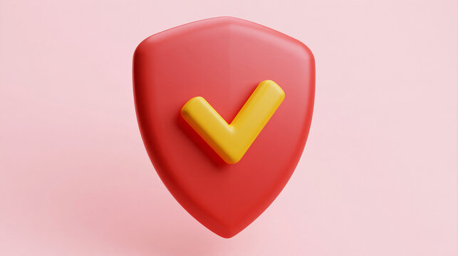 A 3D shield icon with a checkmark symbol floating against a soft background. This security emblem is ideal for trust, safety, and verification concepts.