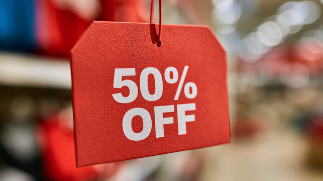 A red retail price tag shows fifty percent off discount in a blurred store environment. This is an ideal visual for seasonal sales and marketing campaigns.