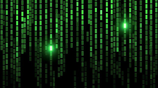 Green digital code rain falling on black background, glowing binary data streams, matrix style cyber technology concept for hacking, cybersecurity, programming, AI and big data designs