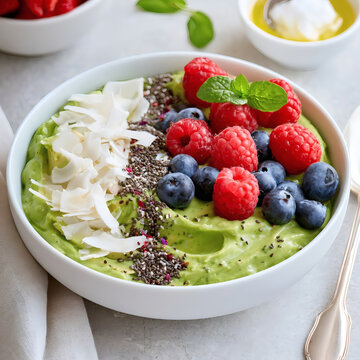 Healthy green smoothie bowl topped with fresh raspberries, blueberries, coconut flakes, chia seeds, and a mint sprig. Ideal for breakfast or a vegan snack.