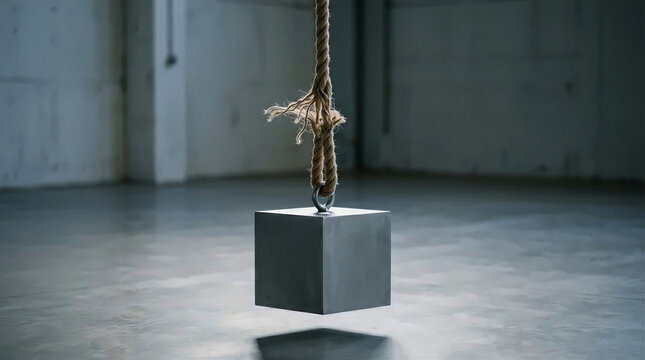 Steel cube hanging from a frayed hemp rope in an empty concrete hall