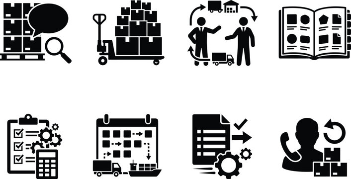 Wholesale procurement and supply chain B2B logistics black vector icon set featuring warehouse inventory management