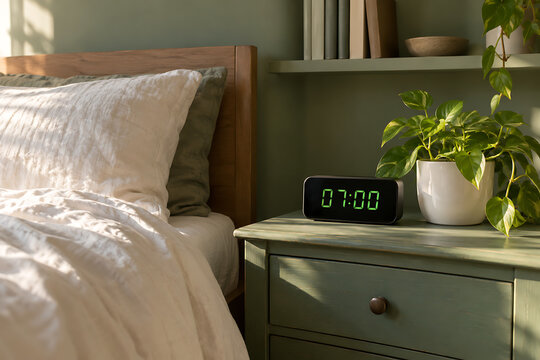 Digital alarm clock with green numbers on a bedside table in a cozy bedroom
