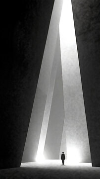 Human Silhouette Between Towering Angular Walls in a Monochrome Abstract Space